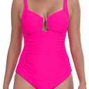Itzel Women's Ruched Twist Front One Piece Swimsuit Tummy Control Push Up Vintage Retro Bathing Suits (Pink)
