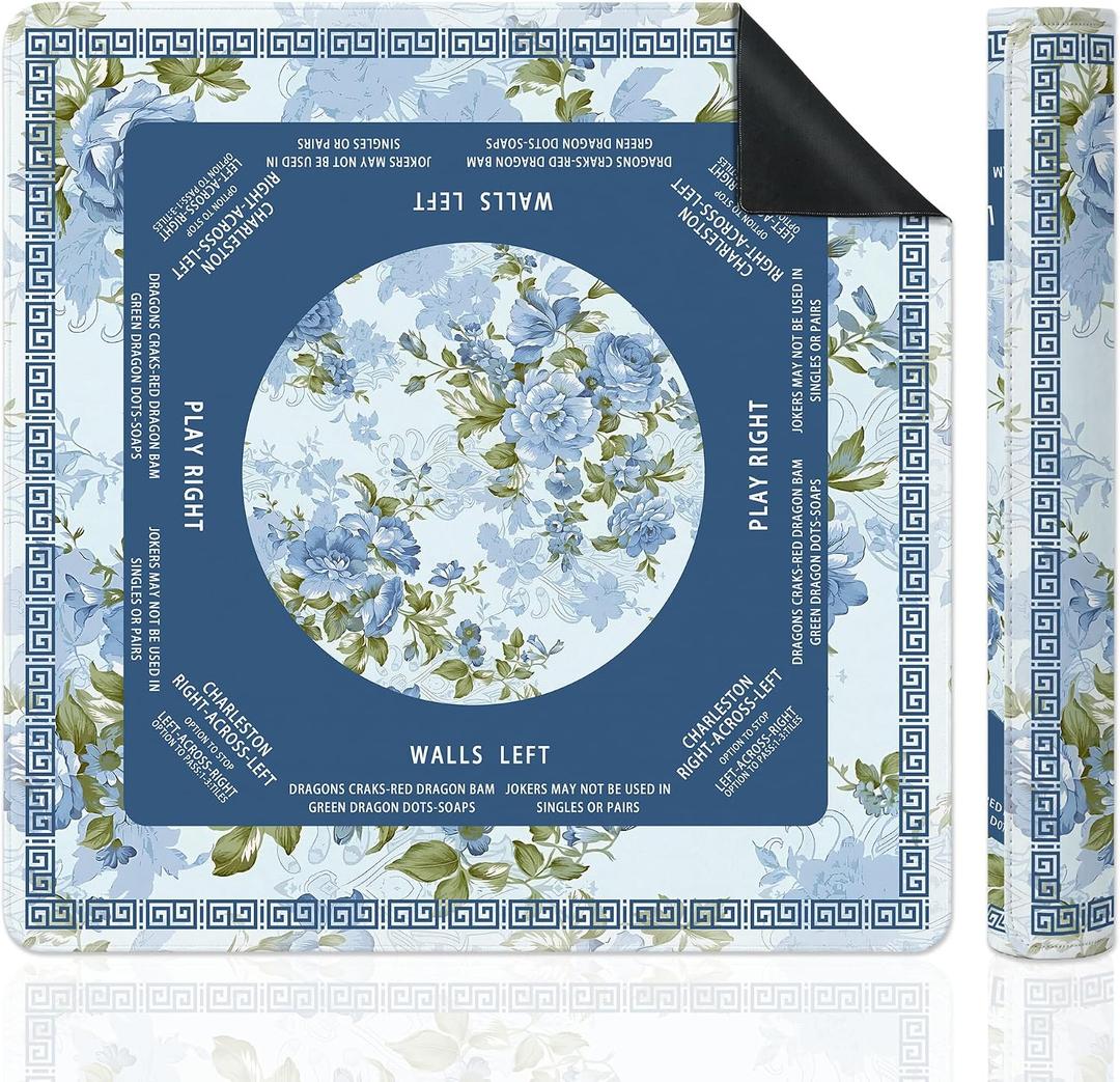 Chinoiserie Blue Peony Mahjong Mat for Table, Elegant Chinese Flower 31.5" x 31.5" Non-Slip & Noise Reduction Mahjong Mat for Poker Dominoes Cards & Board Games