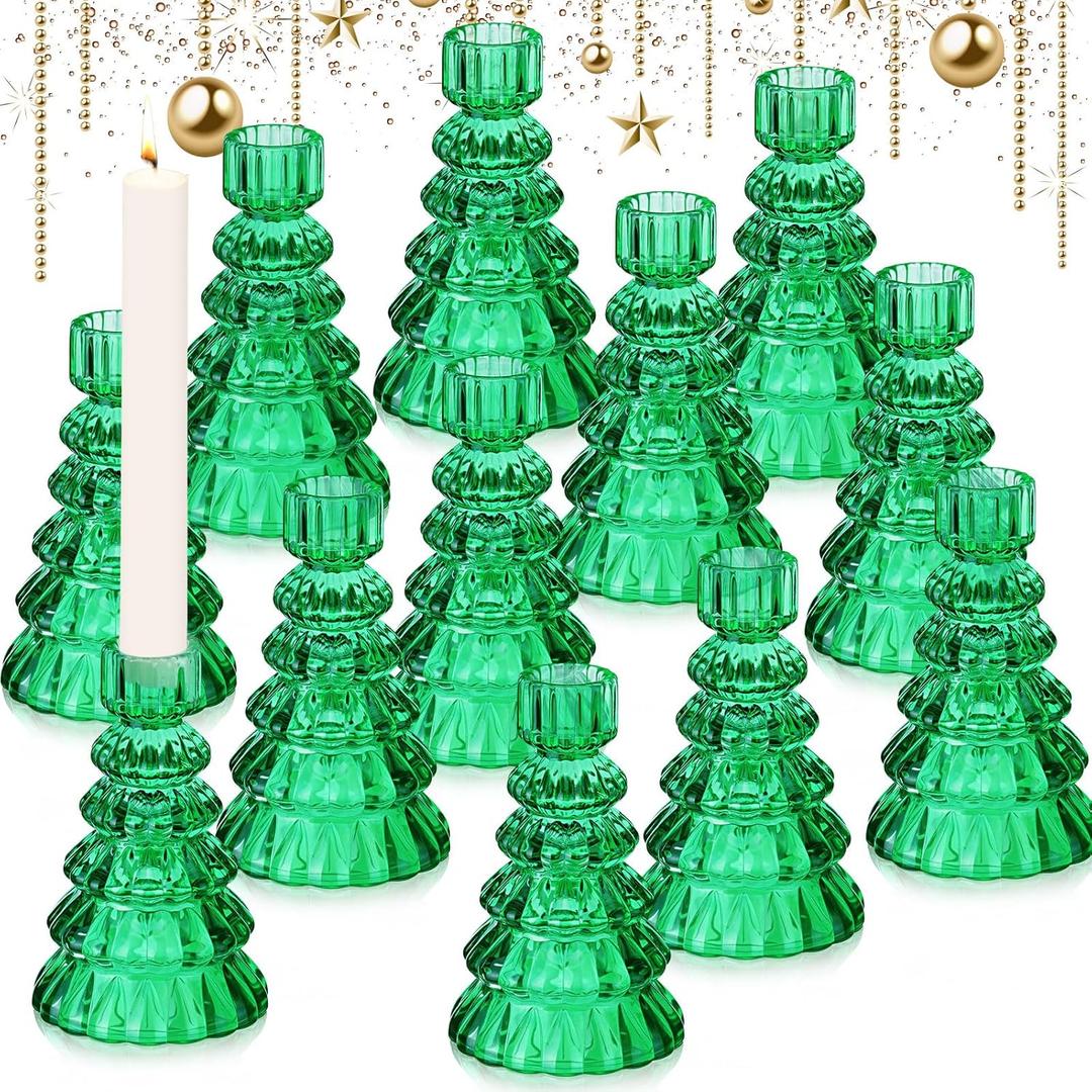 LemonRoad 12 Pack Christmas Glass Taper Candle Holder Tree Shape Clear Candlestick Holder Fit 0.8 Inch Candle Pine Tree Shape Crystal Candlestick Stand Centerpiece for Christmas Table (Green)