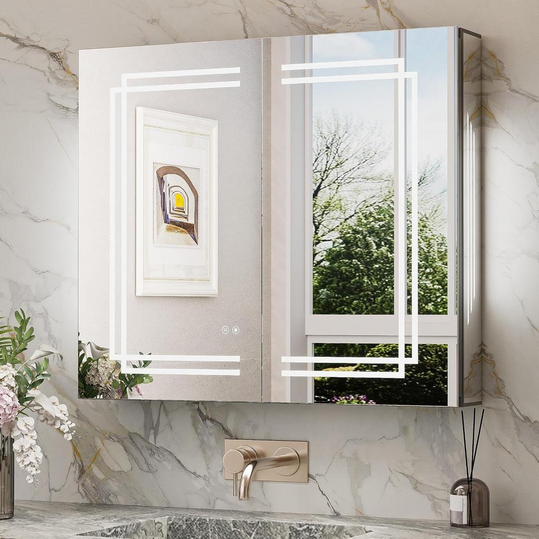 TokeShimi 30x26 Inch Lighted Medicine Cabinet, LED Medicine Cabinet with Lights, Wall-Mounted Bathroom Cabinet Mirror with 3 Color Temperature, Anti-Fog, CRI 80+, Memory Function, Tempered Glass