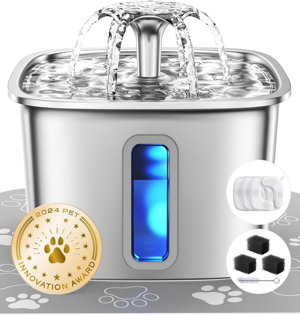 Veken Innovation Award Winner Stainless Steel Cat Water Fountain, 108oz/3.2L Automatic Pet Fountain Dog Water Dispenser with 3 Replacement Filters & Silicone Mat, Gifts for Cats, Dogs (Silver) (108oz (Higher Fill Line))