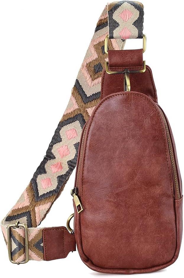 KlaOYer Sling Leather Bags For Women Crossbody Small Fanny Pack Purses Chest Bags With Guitar Strap For Gril Lady