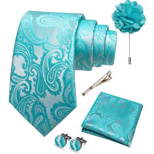 JEMYGINS Mens Paisley Tie and Pocket Square,Lapel Pin,Cufflinks,Tie Clip Sets with Gift Box 5PCS (Turquoise)