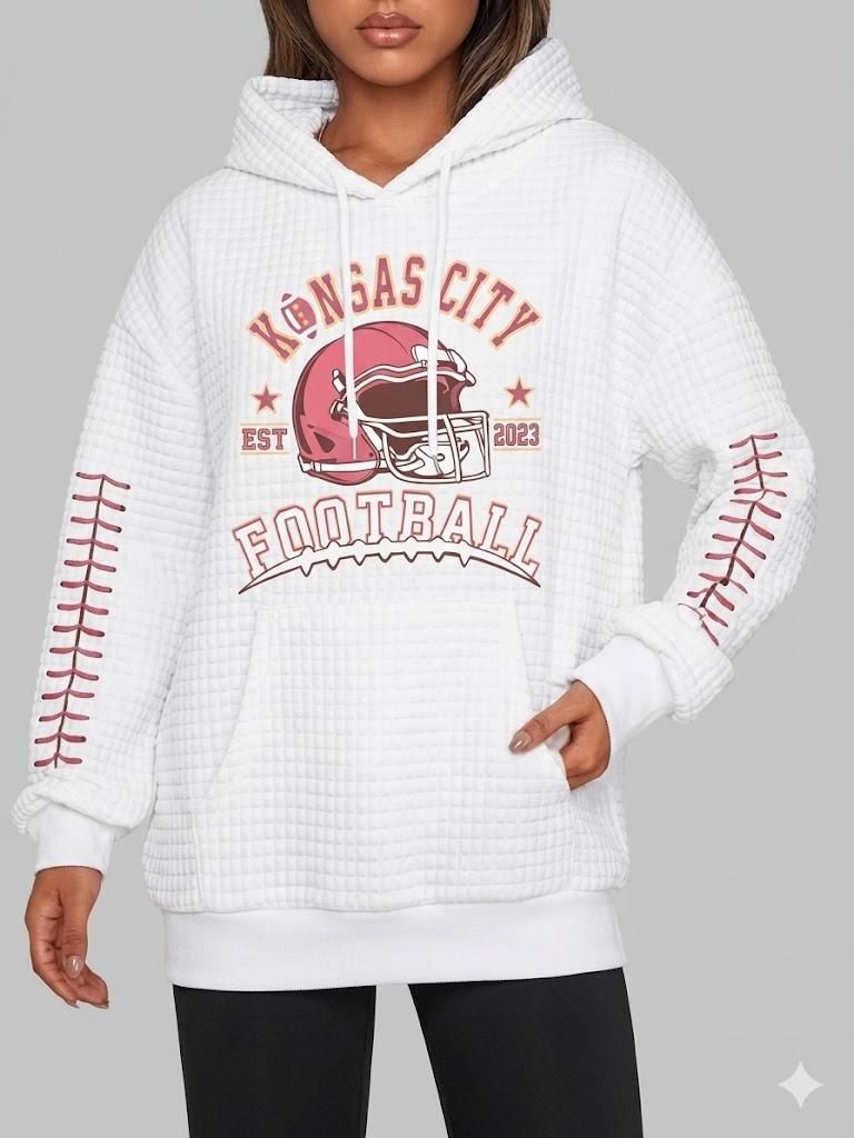 BANGELY Game Day Hoodie Women Football Graphic Sweatshirt Football Team Fan Pullover Football Season Waffle Knit Weekend Tops (Small, White)
