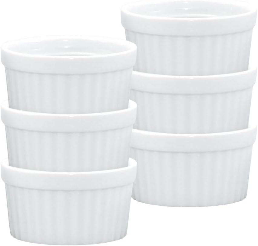 HIC Kitchen Souffle Ramekin, Fine Porcelain, For Baking Custards, Souffles, Condiments, And Desserts, 3-Ounce Capacity, Set of 6