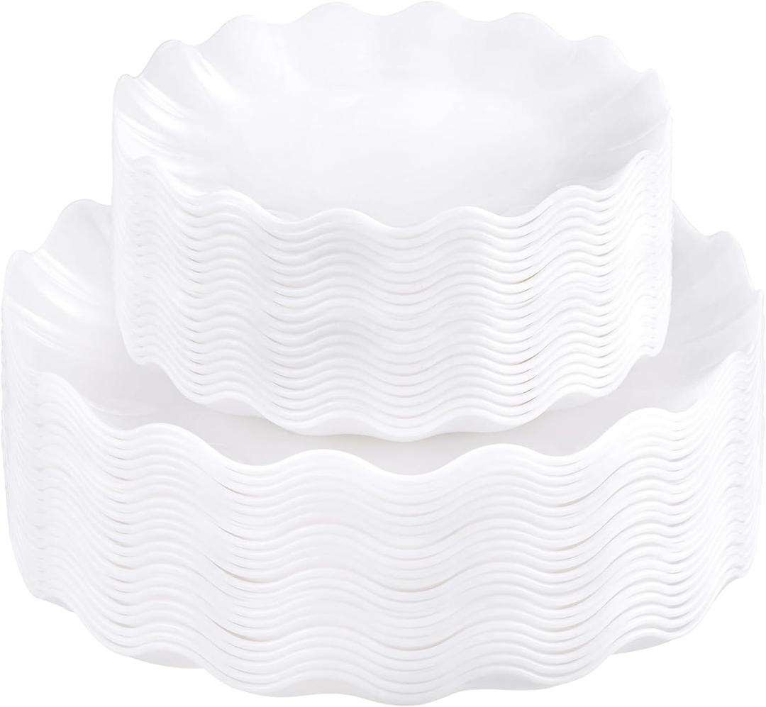 LIYH 50 Pcs White Scalloped Plastic Plates Reusable - Unbreakable Plastic Plates for Weddings Party Outdoor Picnics Dishwasher Safe BPA Free (25Guests)
