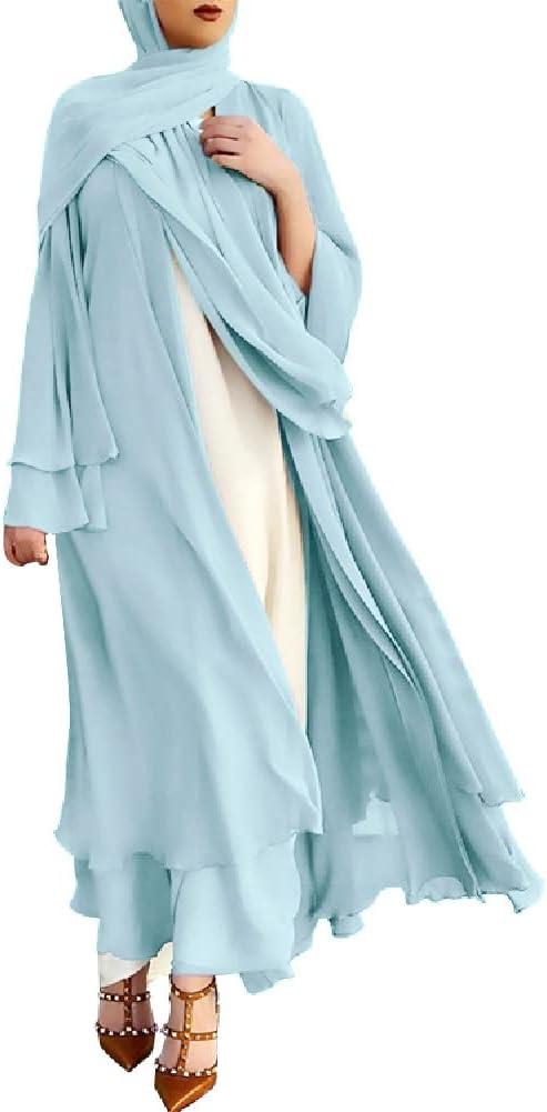 Women Muslim Cardigan Dress Chiffon Dubai Turkey Kaftan Open Front Kimono Abaya Robe Middle East Arabian Robe Caftan Islamic Dress One Piece Loose Full Cover Ruffle Sleeve Robe Belted Light Blue XL