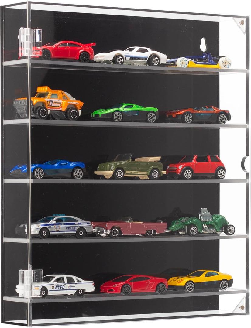 KISLANE 5-Tier Acrylic Toy Car Storage, Toy Cars & Matchbox Cars Display Case, Transparent Toy Car Case Showcase with Magnetic Switch Door (5-Tiers)