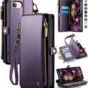 Defencase for iPhone 16E/17E Case Wallet with RFID Blocking Card Holder Slots for Women Men, Elegant PU Leather Magnetic Snap Flip Wristlet Strap Zipper Wallet Phone Cases for iPhone 17e & 16e, Purple