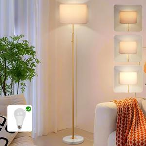 Gold Marble Floor Lamp, Dimmable 63.7" Tall Pole Standing Lamp with White Linen Shade, Modern Floor Lamp for Living Room Bedroom Office, Stepless Dimming, LED Bulb Included