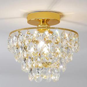 CM MZY Modern Gold Crystal Chandeliers, Mini Flush Mount Ceiling Light Fixture, Close to Ceiling Lamp Fixture for Hallway Bedroom Bathroom Closet Kitchen Foyer
