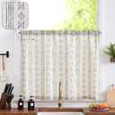 jinchan Boho Kitchen Curtain Linen Tier Curtain Bohemian Cafe 36 Inch Geometric Striped Small Window Drape Light Filtering Farmhouse Country Rustic for Bathroom RV 1 Panel Blue on Beige