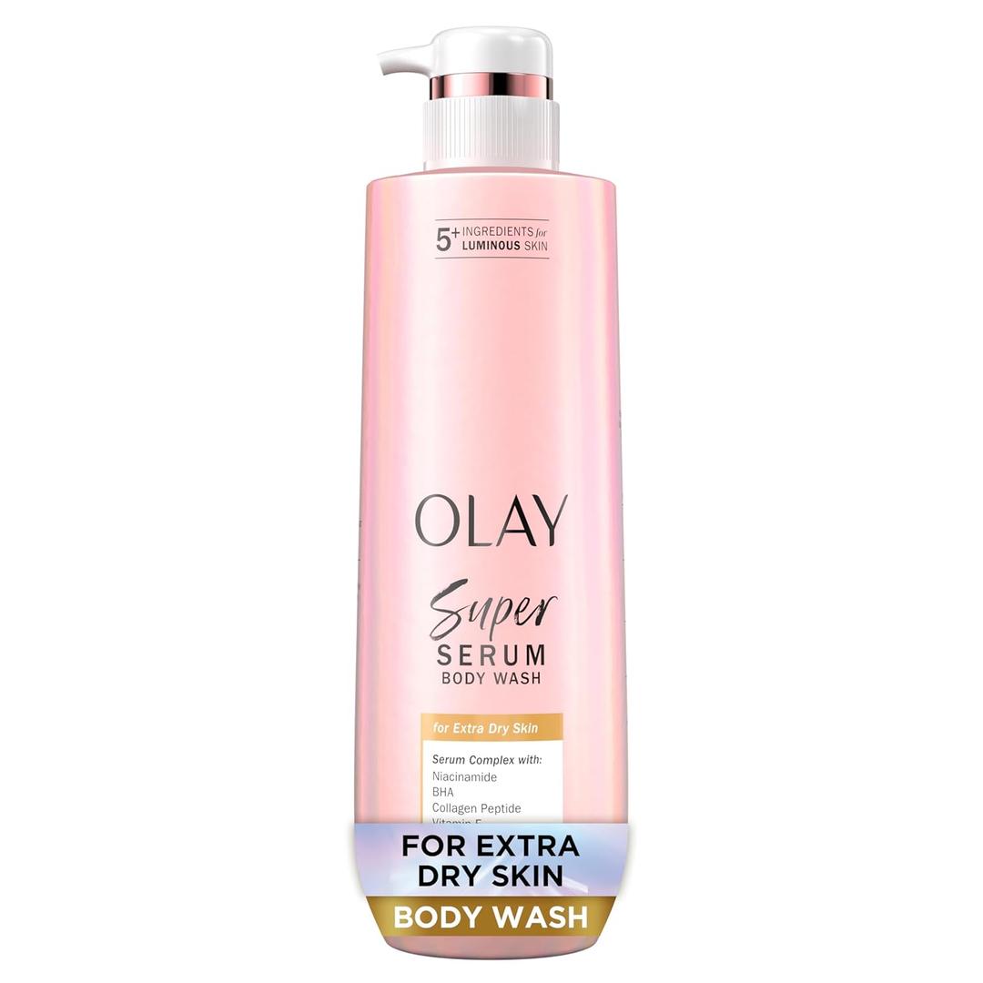 Olay Super Serum Body Wash for Extra Dry Skin, 24hr Long Lasting Hydration, 5+ Ingredient Complex for Bright Even Firm Luminous Skin, 18.5 Fl Oz