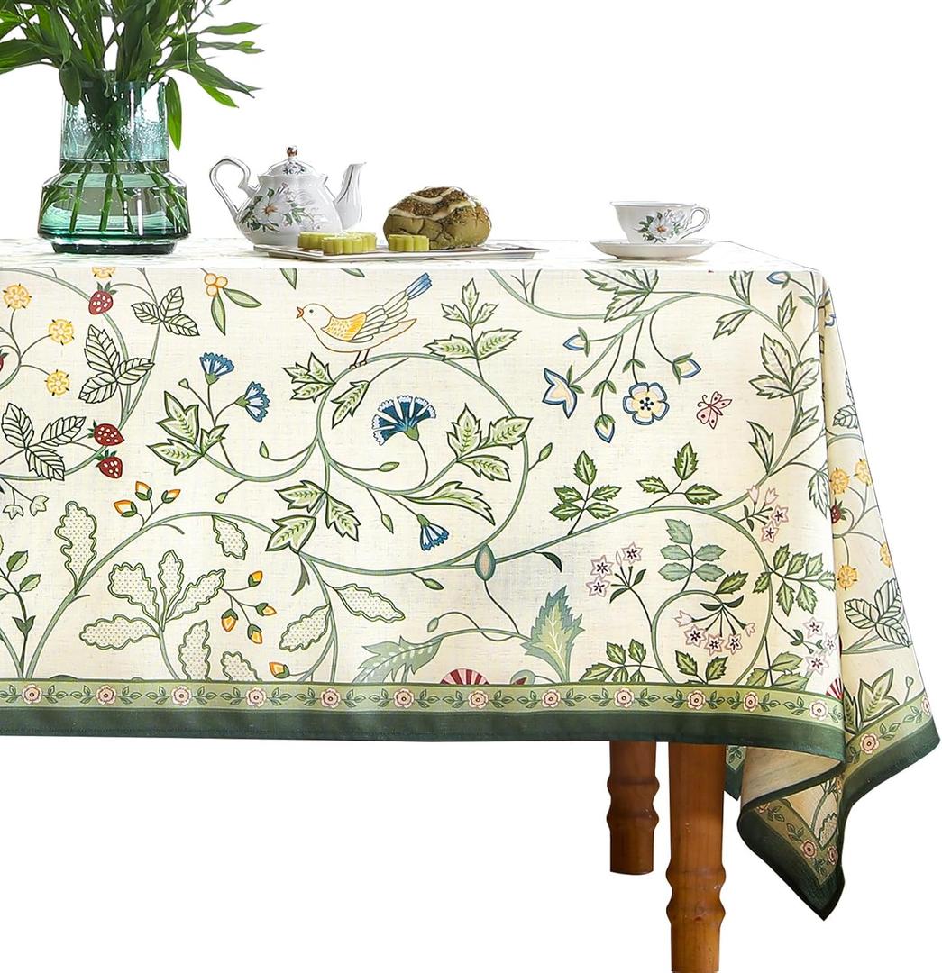 bilin gaier Linen White and Green Tablecloth, Wrinkle Resistant French Vintage Tablecloth with Floral, Decor Square Table Cloth for Thanksgiving, Dining Room, Home, 55" × 55"