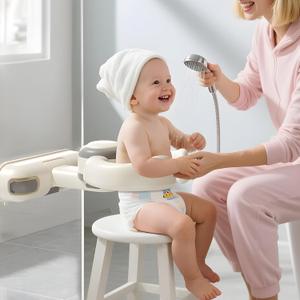 Adjustable Baby Bath Stand with Strong Suction Cups  Foldable Shower Support Seat for Babies 6 Months & Up, No-Drill ABS Plastic with Drain Holes, Safe & Stable Toddler Bath Helper (Beige-Basic)