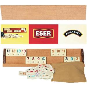 Hakan Turkish Okey Game Rummy Cube Game Rummy Cube Set with 4 Straight Wooden Racks Tile Holder and 106 Melamine Tiles Stones in Pouch, 13" x 3.15" x 2.36"