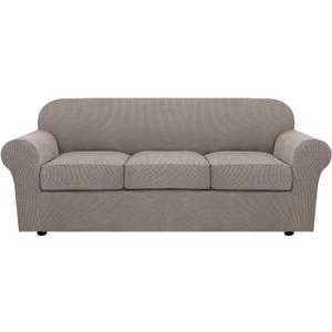 H.VERSAILTEX 4 Piece Stretch Sofa Covers for 3 Cushion Couch Covers for Living Room Furniture Slipcovers (Base Cover Plus 3 Seat Cushion Covers) Upgraded Thicker Jacquard Fabric (Sofa, Taupe) (Large)