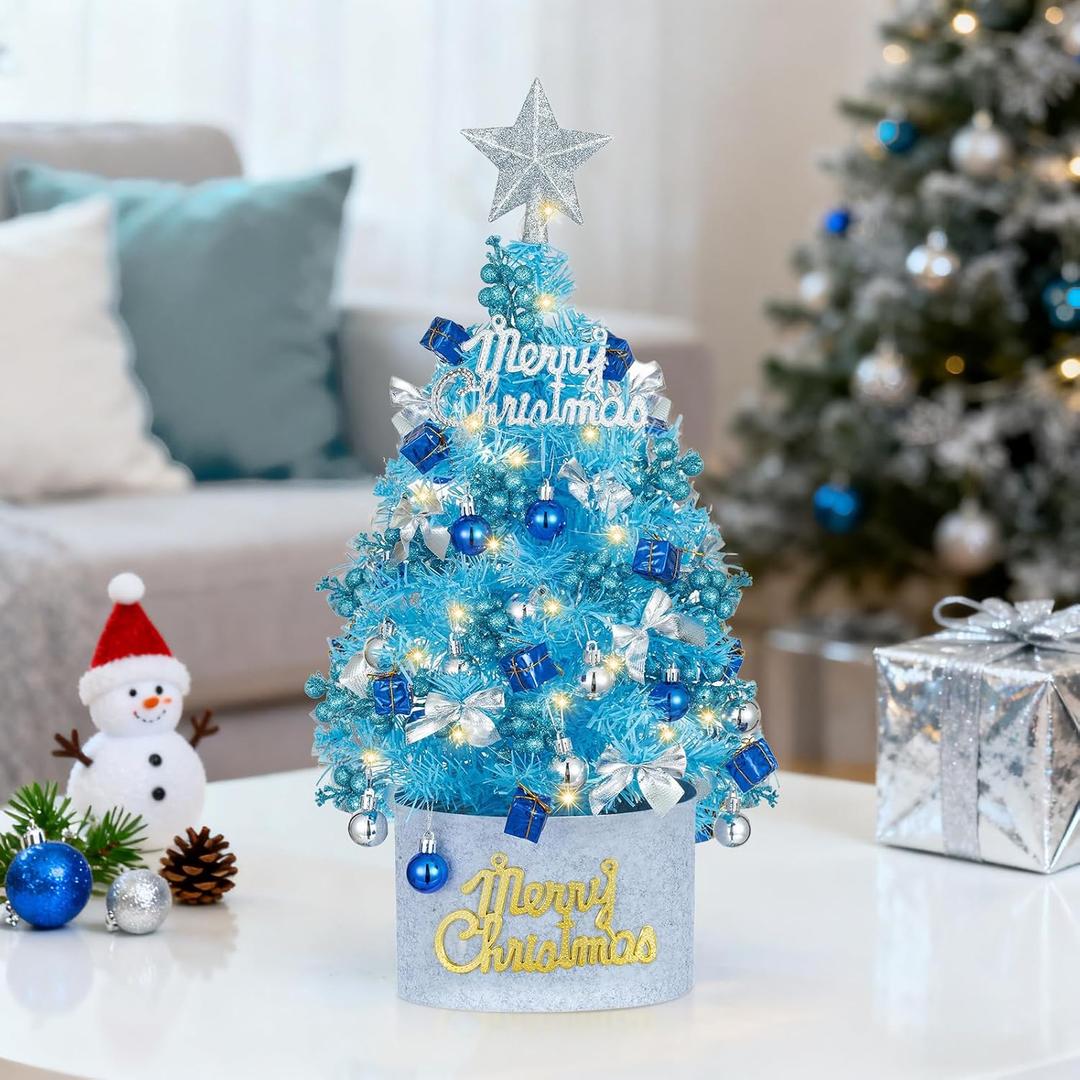 BLOSMON Small Christmas Tree with Lights: 2ft Mini Table Top Christmas Tree with 25 LEDs Timer Gold Ribbon Bow Reindeer for DIY- Lighted Artificial Xmas Trees for Home Office Desk