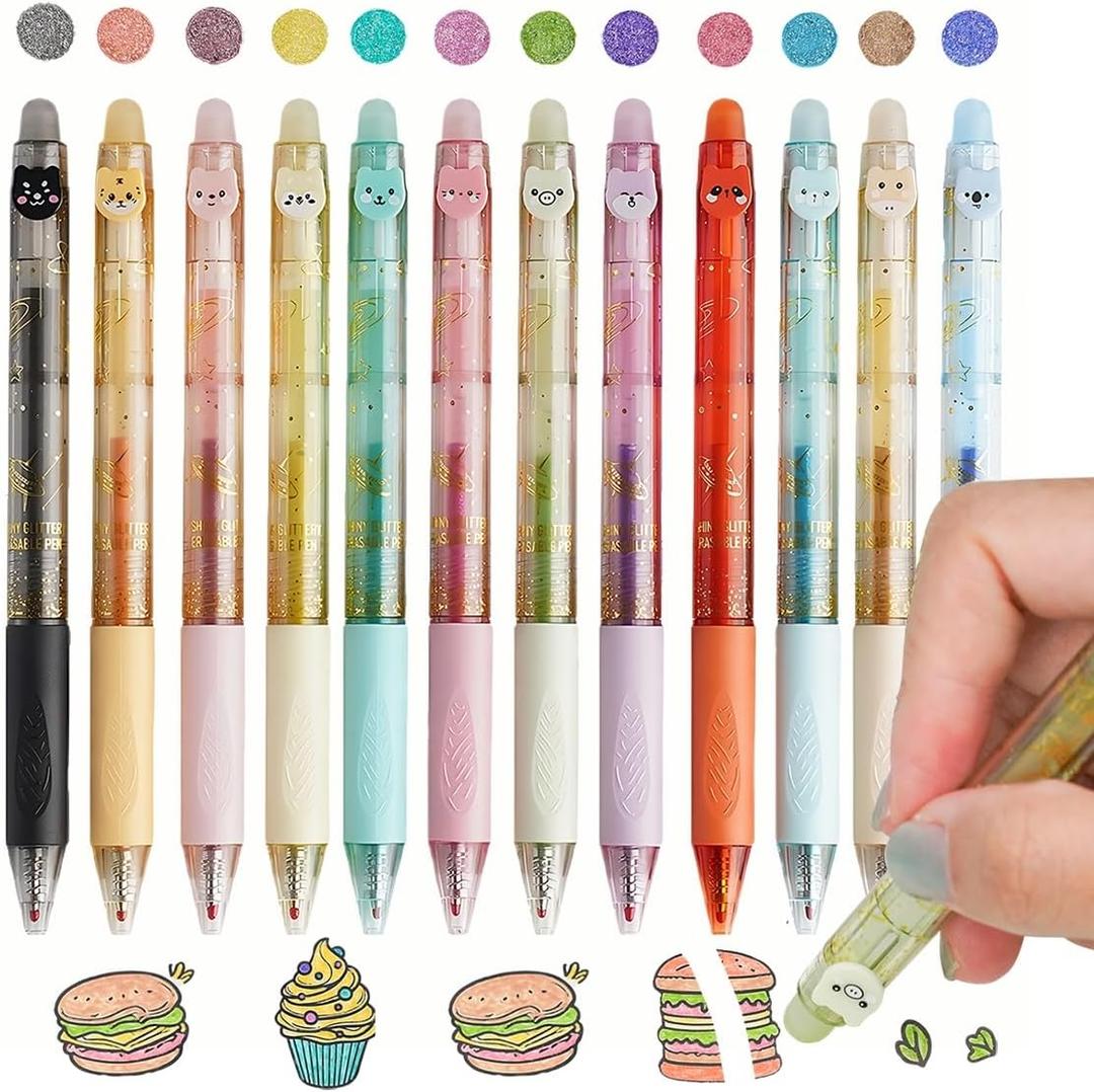 12PCS Cute Glitter Erasable Gel Pens, Multicolor Fine Point 0.7mm, Retractable, for Journaling, Drawing, Note Taking