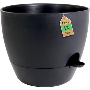 WSMKSZ 12 inch Large Self Watering Pots, Flower Plant Pots with Multi Mesh Drainage Holes for Indoor Outdoor Garden Plants and Flowers, Plastic Planters with Removable Deep Reservoir, Black, 12inch 1pc