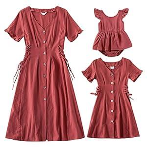 AWIBMK Mommy and Me Matching Dresses Leopard Ruffled Midi Dress Summer Solid Color Stripe Mom Daughter Matching Outfits (3-6 Months), Wine Red, Large