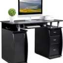 Karl home MDF Computer Desk with Strip Socket, Home Office Desk Writing Desk, Office Table with 3 Drawers and Storage Cabinet for Studio, Apartment, Coffee, Black