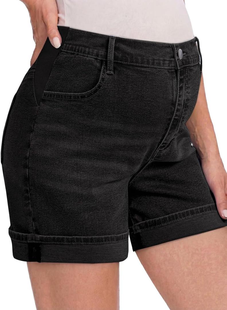 BLENCOT Women's Maternity Jean Shorts Fold Hem Stretchy Comfy Under Belly Casual Summer Pregnancy Clothes with Pockets, 2XL