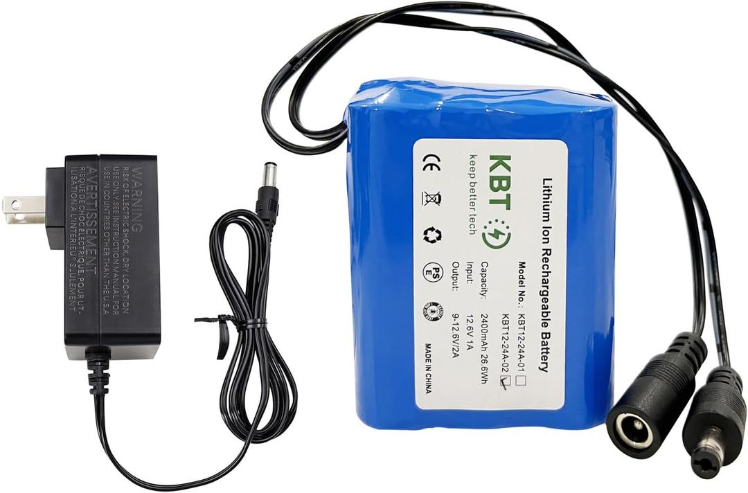 KBT 12V 2400mAh Rechargeable Li-ion Battery, DC5521 Male Connector, Replacement Battery Pack with Charger Compatible with 12V Device RC Car, Boat, Robot, DIY, LED Light Strip, CCTV Camera