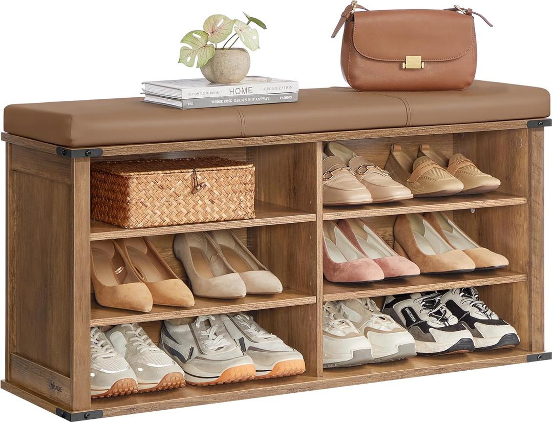 VASAGLE Shoe Storage Bench with Removable Cushion, Shoe Rack with Padded Seat, Entryway Bench with 6 Open Compartmens, Adjustable Shelves, for Hallway, Bedroom, Honey Brown ULSB105K01 (12.2"D x 40.2"W x 20"H)