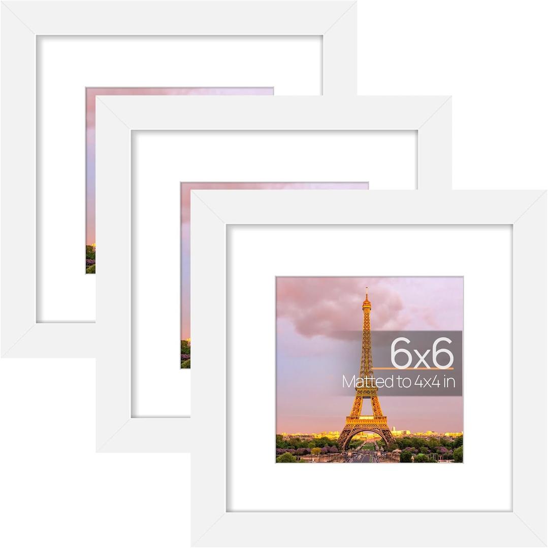 upsimples 6x6 Picture Frame Set of 3, Made of High Definition Glass for 4x4 with Mat or 6x6 Without Mat, Wall and Tabletop Display Photo Frames, White