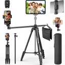 70" Phone Tripod & Selfie Stick, Horizontal Overhead Tripod, Extendable Camera Cell Phone Tripod Stand with Wireless Remote and phone Holder for Filming Video Recording Live Stream