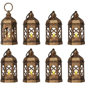 LLQ Mini Lantern for Centerpieces, (8Pack-5Inch) Vintage Lanterns Decorative, Small Hanging Lantern for Halloween Decorations, Christmas Centerpieces for Tables, Wedding Garden Party Decorations (Brushed Bronze)