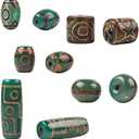 HannaFires 5-Piece Deep Green Agate Three-Eyed Dzi Beads Set - Tibetan Natural Raw Stone Beads for DIY Necklace Pendant Jewelry Making & Spiritual Accessories