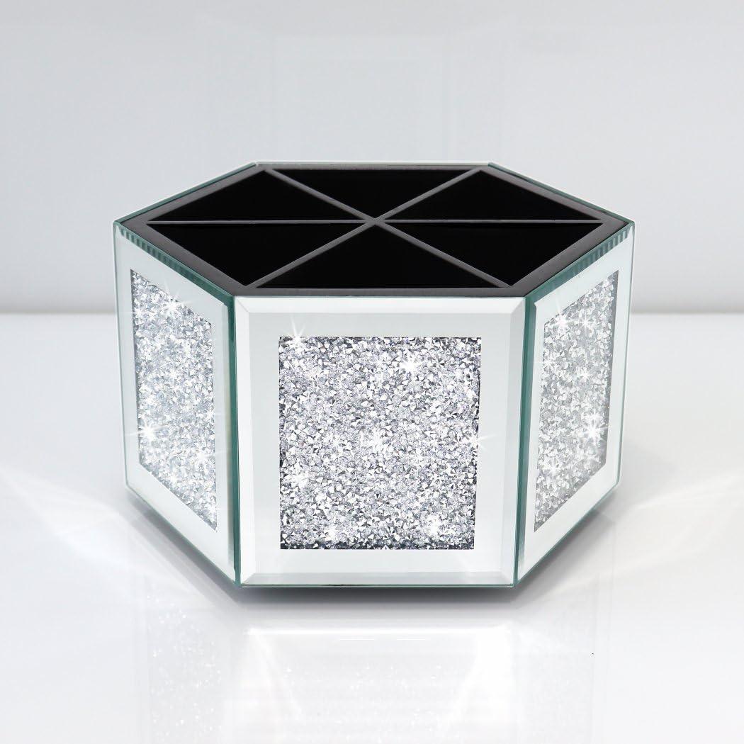 Rotatable Multifunctional Jewelry Utensil Holder Hexagon Jewelry Make up Organizer Cups Crush Diamond Mirror Decor, brush/office pen cup holder Eyeliners Display Case for Vanity