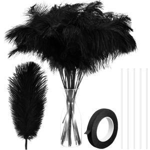 80 Pcs Ostrich Feathers Bulk for Vase Large Natural Ostrich Feathers 8-12inch with 80 Pcs Iron Wire and 1 Tape for Vase Flower Arrangement Wedding Party Centerpieces(Black)