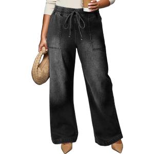 Eytino Womens Plus Size Jeans High Waisted Straight Leg Wide Leg Jean Trendy Stretchy Drawstring Denim Pants (Black, XL)