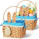 1pcs Wicker Easter Basket Wicker Picnic Basket with Tag Empty Rattan Bunny Basket with Handles & Liner Willow Hamper Basket for Eggs & Candy Storage Fruit, (Blue Polka Dots)