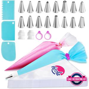 Riccle Piping Bags and Tips Set, 11.8 Inch 100 Anti Burst Piping Bags, 124 Pcs Cake Decorating Kit with 16 Piping Tips, 1 Reusable Pastry Bags, 3 Cake Scrapers, 2 Couplers, and 2 Icing Bags Ties
