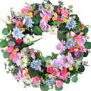 Bibelot 22" Spring/Summer Wreaths for Front Door, Artificial Floral Wreath with Daisies Carnations Wildflowers Eucalyptus Hello Spring Sign for Wall Window Farmhouse Party Holiday Home Dcor
