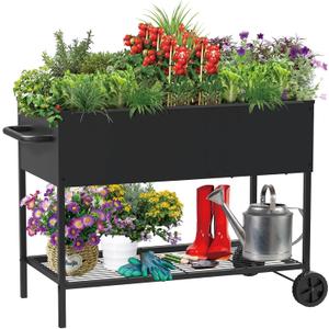 JWPEHOE 34 × 15 × 31 Inches Raised Garden Bed with Legs/Storage Shelf, Mobile Planter Box for Outdoor Plants, Elevated Garden Bed for Backyard, Balcony, Black