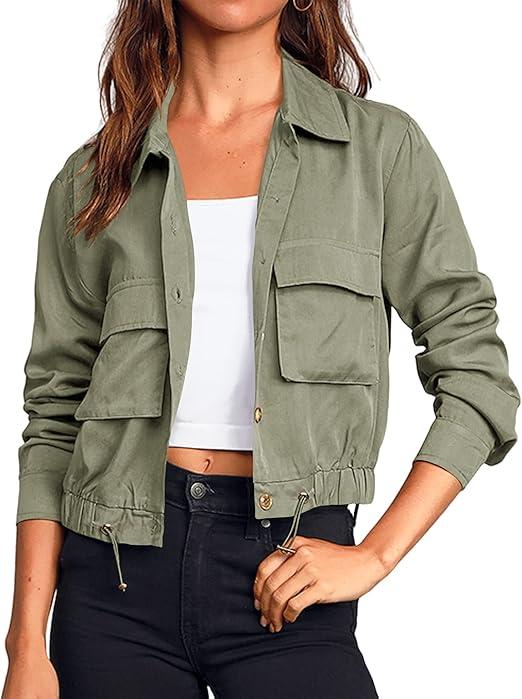 Women's Military Safari Cropped Jackets Button Down Lightweight Oversized Utility Anorak Coat with Pockets, L