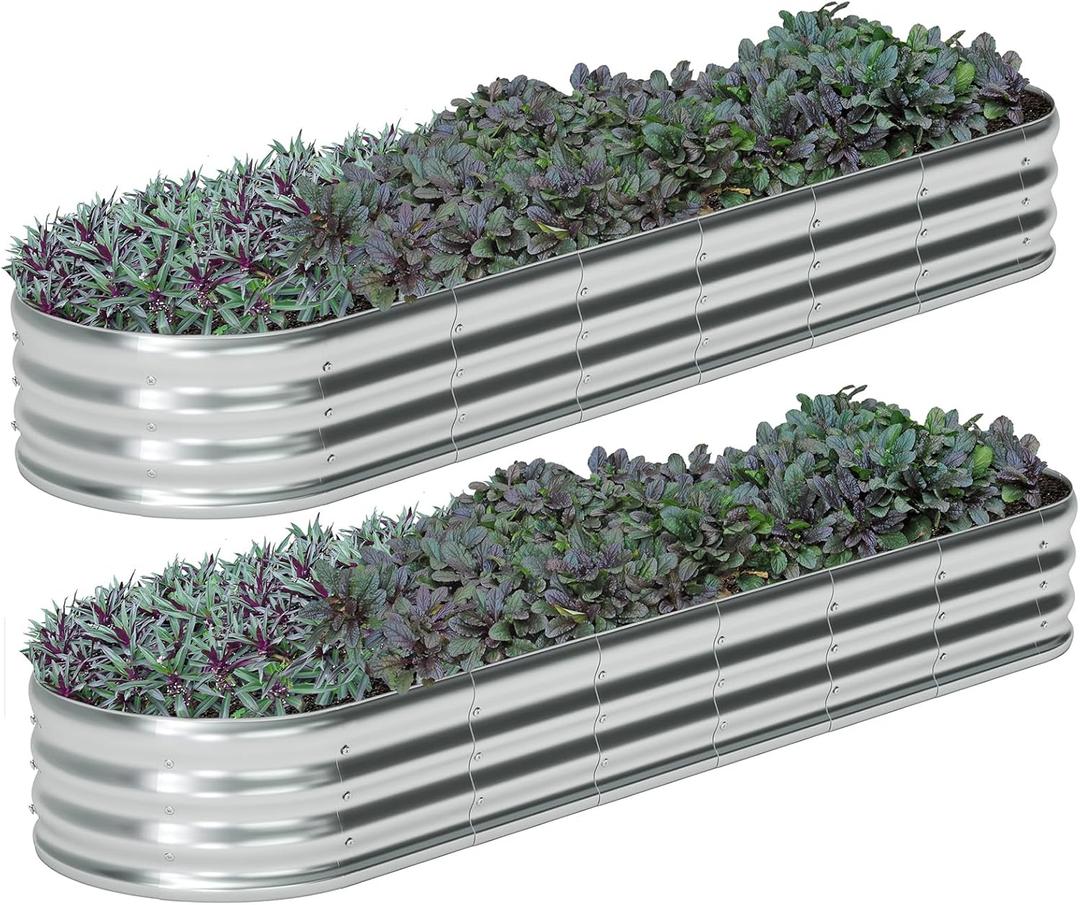 zizin 2 Pack Oval Galvanized Raised Garden Bed Kit 8x2x1ft Large Metal Planter Box for Outdoor Vegetables, Silver
