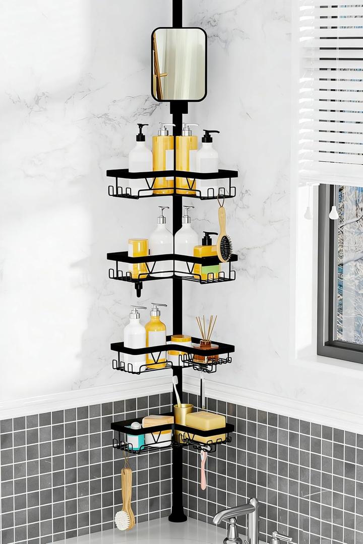 Shower Caddy Tension Pole with Anti-Fog Shaving Mirror, Tension Rod Shower Caddy Corner for Bathroom Organizer, Black