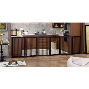 PUPETPO Freestanding Pet Gate for Dogs, Indoor Wooden Foldable Dog Gate for House, Extra Wide, Pet Fence for Stairs, Doorways, Halls, Support Feet Included, 120 Inch Wide, 6 Panels 32", Brown