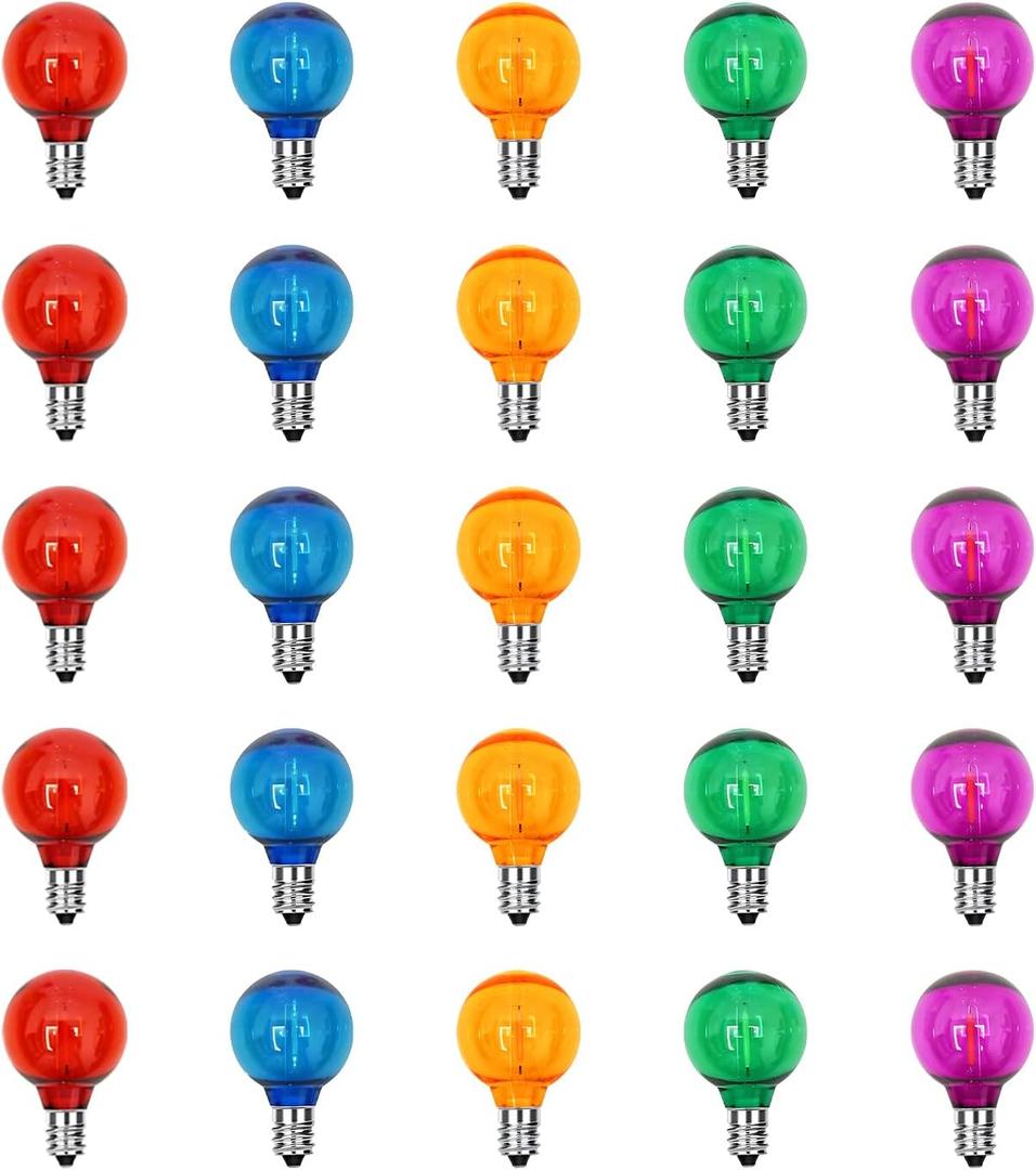 25 Pack G40 Multicolor LED Replacement Bulbs for Outdoor Christmas String Lights, E12 Candelabra Base Globe Lights for Patio, Xmas Tree, Holiday Party Decor