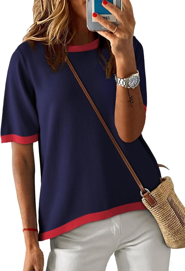 Dokotoo Womens Tops 2026 Casual Summer Crewneck Short Sleeve Striped Color Block Knit High Low Trendy Pullover Sweaters (Blue, M)