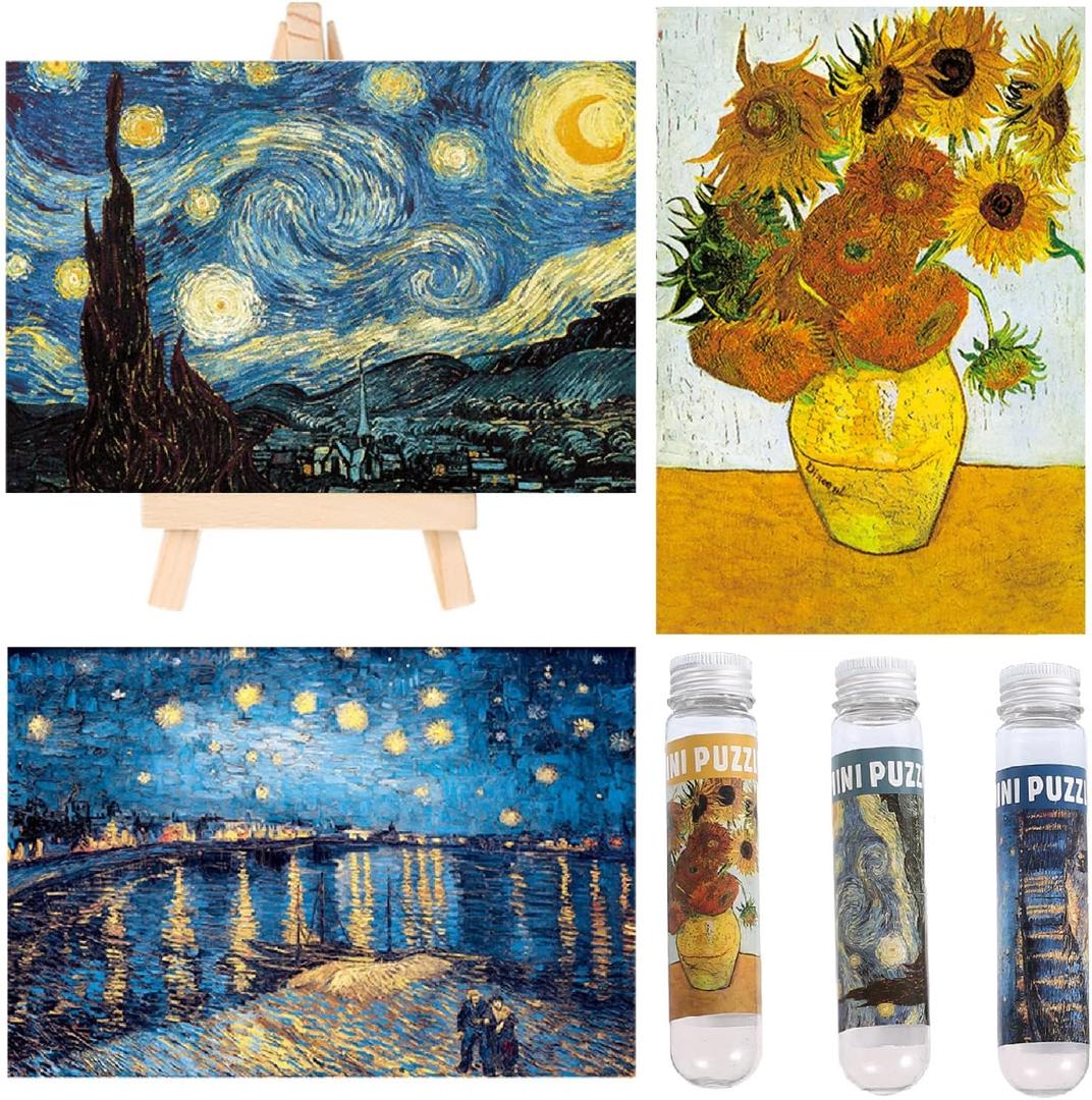 Small Jigsaw Puzzles for Adults Challenging Puzzle Small Puzzles Mini Jigsaw Puzzles for Adults 150 Pieces Starry Night Rhone River Sunflower 6 x 4 Inches, 3 Pack, Mini Easel Included (Van Gogh 01)