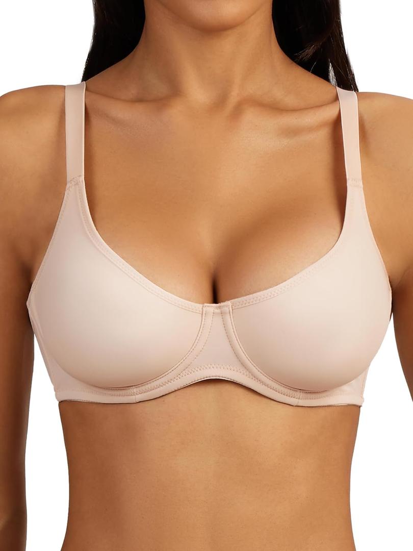 Unlined Bras for Women Balconette Bra Underwire No Padding Smooth Scoop Neck (Pink)
