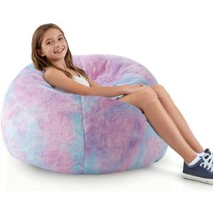Modern Soft Fluffy Bean Bag Chair With Faux Rabbit Fur Cover, Memory Foam Bean Bag Chairs For Kids Teens, Furry Fuzzy Faux Fur Fabric Beanbag, Round Rainbow Plush Sofa For Bedroom, Living Room, Dorm