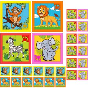 24 Pieces Animals Slide Puzzle Fun Brain Teaser Toys Games Monkey Zebra Lion Elephant Cute Pattern, Develops Problem-Solving Skills for Homeschool Classroom VBS Learning, 2.4 x 2.4 Inch